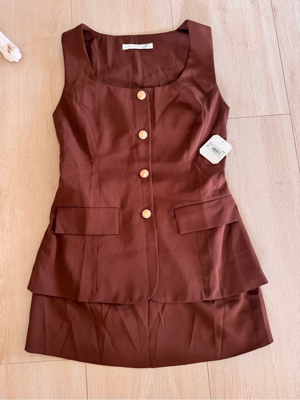 Altar'd State Brown Sleeveless Peplum Mini Dress with Gold Buttons NWT